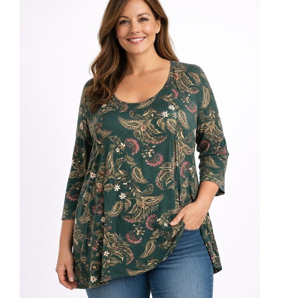 Catherines Floral Paisley Layered Top Womens Size 1X Green Relaxed Asymmetrical